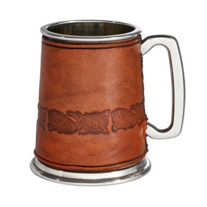 Caneca de couro celta com relevo e estanho, caneca de cerveja embalada à mão, estanho Wentworth