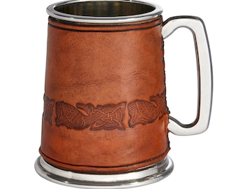 Leather celtic embossed  and Pewter Tankard, hand wrapped beer mug stein, Wentworth Pewter