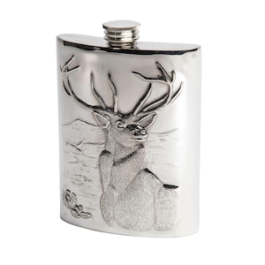 Stag Pewter Hip Flask: 6oz, Handmade in Sheffield