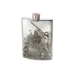 Schießszene 3oz Zinn-Nierenflachmann, gravierter Country Sports Whiskyflachmann, handgefertigter Taschenflachmann (UK)