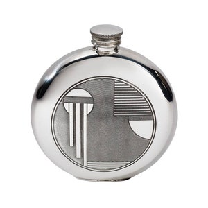 Art Deco Round Wentworth Pewter Flask, Spirit Flask, 6oz Capacity