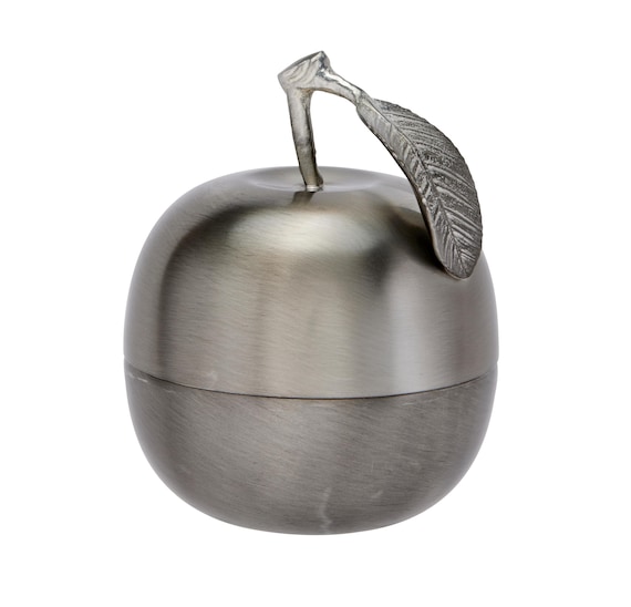 Hand-cast pewter apple box with an antiqued finish — a tactile, weighty keepsake that feels like a proper heirloom, not a party-favor trinket.