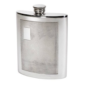 May include: A silver-colored metal flask with a curved rectangular body and a screw-top cap. The front surface features a textured cross-hatch pattern and a smooth, blank rectangular area in the upper left corner for potential engraving.