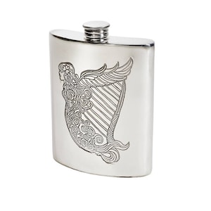 Irish Harp Wentworth Pewter Kidney Flask,Hip Flask, Spirit Flask, 6oz capacity