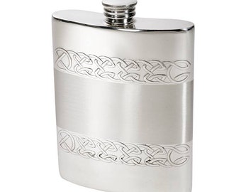 Celtic Bands Wentworth Pewter Kidney Flask,Hip Flask, Spirit Flask, 6oz capacity