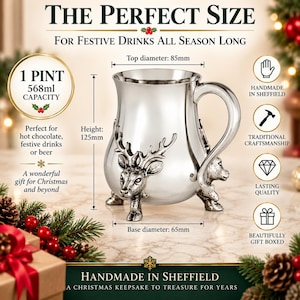May include: A silver-colored metal tankard featuring a stag head motif and three feet. The mug has a 1 pint or 568ml capacity, a 125mm height, an 85mm top diameter, and a 65mm base diameter. Text includes THE PERFECT SIZE, 1 PINT, and 568ml CAPACITY.