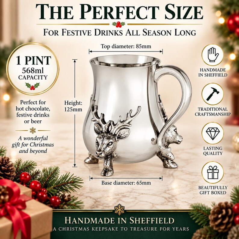 May include: A silver-colored metal tankard featuring a stag head motif and three feet. The mug has a 1 pint or 568ml capacity, a 125mm height, an 85mm top diameter, and a 65mm base diameter. Text includes THE PERFECT SIZE, 1 PINT, and 568ml CAPACITY.