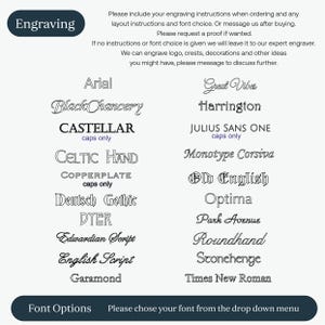 May include: A chart displaying twenty-two font options for engraving services. The text includes instructions for ordering, font selection, and custom logo requests. The list features various styles such as Arial, Black Chancery, Castellar, Celtic Hand, Copperplate, Deutsch Gothic, Dyer, Edwardian Script, English Script, Garamond, Great Vibes, Harrington, Julius Sans One, Monotype Corsiva, Old English, Optima, Park Avenue, Roundhand, Stonehenge, and Times New Roman.
