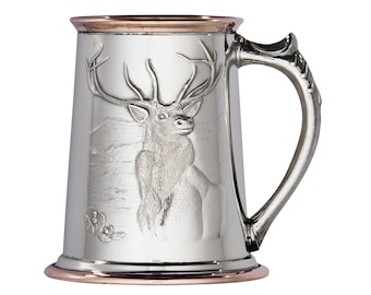 Jarra de peltre hecha a mano: jarra de cerveza de ciervo con ribete de cobre, 1 pinta