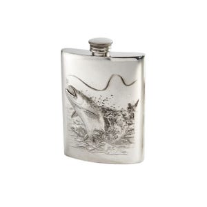 Pewter Fishing Hip Flask: Handmade Pocket Spirit Flask, 3oz