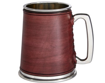 Mahogany Leather and Pewter Tankard, hand wrapped beer mug stein, Wentworth Pewter