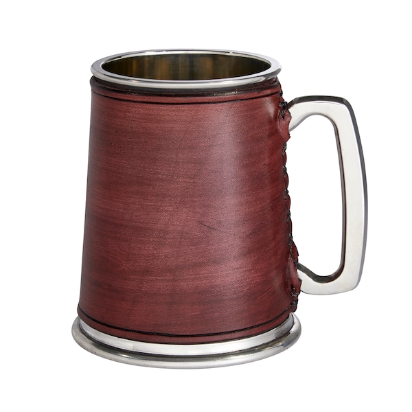 Mahogany Leather and Pewter Tankard, hand wrapped beer mug stein, Wentworth Pewter