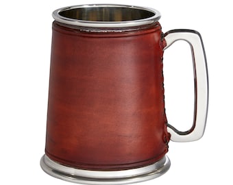 british tan Leather and Pewter Tankard, hand wrapped beer mug stein, Wentworth Pewter