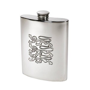 Drei Löwen-Zinn-Nierenflasche, Flachmann, Spirit Flask, 6 Unzen Kapazität, Drei Löwen-Design - Wentwork Pewter