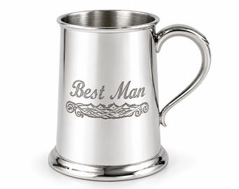 Best Man Scroll Handle Pewter Tankard 1 Pint, Engraved Beer Mug, Wentworth Wedding Gift