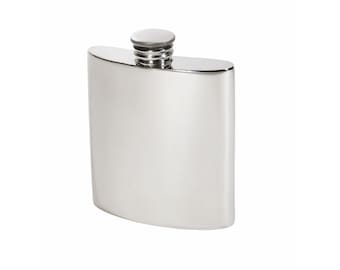 May include: A polished silver-colored metal flask with a curved rectangular body and a rounded top. The container features a small, threaded screw-on cap with a textured, ridged edge for grip, designed for holding liquids in a compact, portable form.