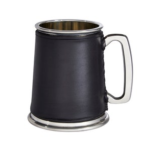 Black Leather and Pewter Tankard, hand wrapped beer mug stein, Wentworth Pewter