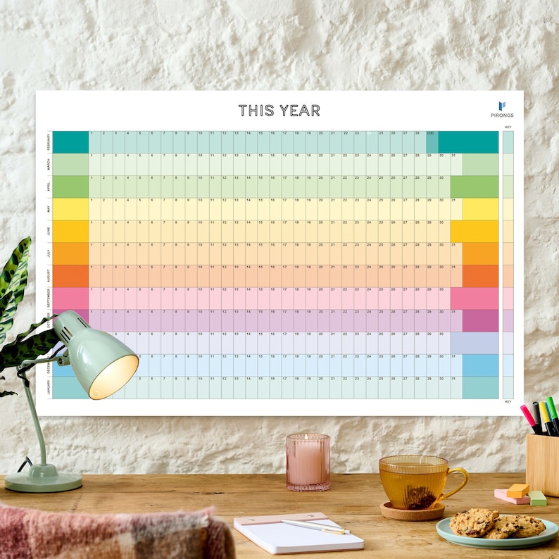 Laminated Perpetual Wall Planner Reusable Wall Calendar Rainbow Undated Wall Planner Any Month Start Colourful and Personalised February