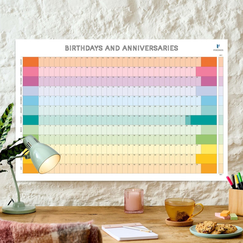 Laminated Perpetual Wall Planner Reusable Wall Calendar Rainbow Undated Wall Planner Any Month Start Colourful and Personalised August