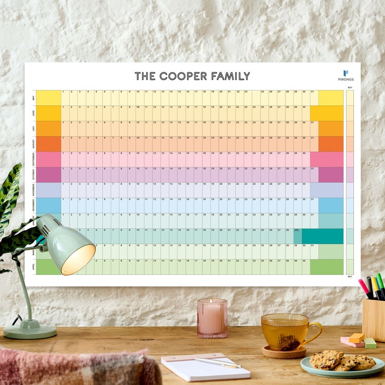 Laminated Perpetual Wall Planner Reusable Wall Calendar Rainbow Undated Wall Planner Any Month Start Colourful and Personalised May