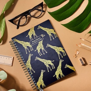 A4 personalised teacher planner, Giraffes on the front cover, wire bound available in a colour of your choice, double ribbon bookmarker in colour of your choice,