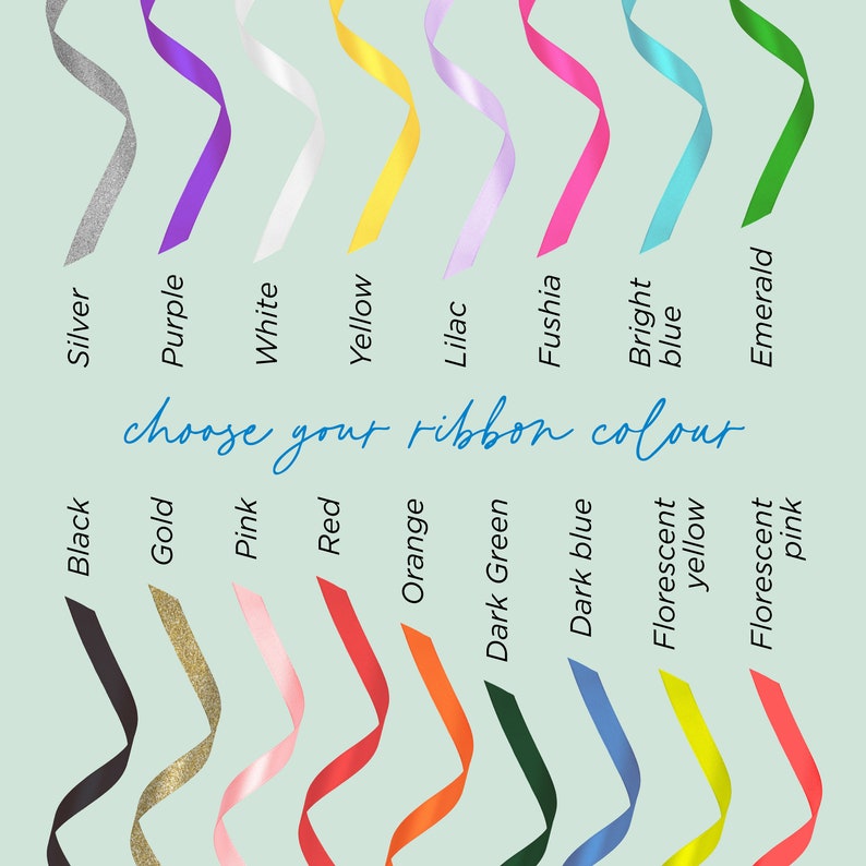 Ribbon markers - choose your own colour from silver,purple, white, yellow, lilac, fuchsia, bright blue, emerald, black, gold, pink, red, orange, dark green, dark blue, florescent yellow and florescent pink.