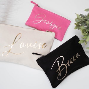 Cosmetic cotton canvas make up bag in Black, Pink or Cream with foil personalisation in Rose Gold, Gold or Silver, with a sturdy zip.