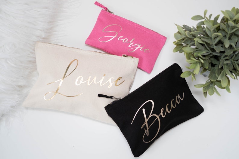Cosmetic cotton canvas make up bag in Black, Pink or Cream with foil personalisation in Rose Gold, Gold or Silver, with a sturdy zip.