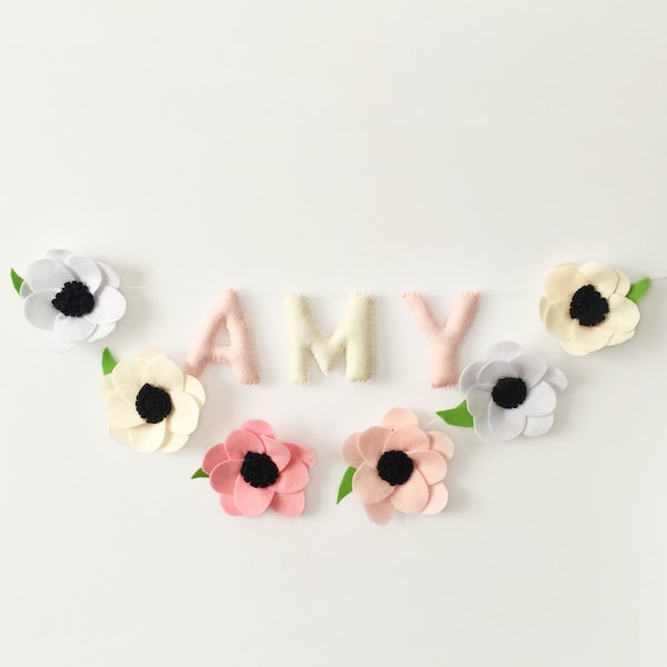 Felt Flower Garland Name Bunting, Felt Flower Banner, Name Garland Nursery, Felt Floral Garland, Its A Girl Banner