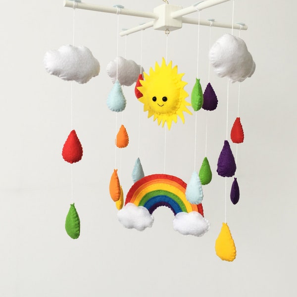 Felt rainbow mobile for nursery, Felt cloud mobile, Raindrop mobile bebe, Rain mobile, Sun mobile, Neutral mobile