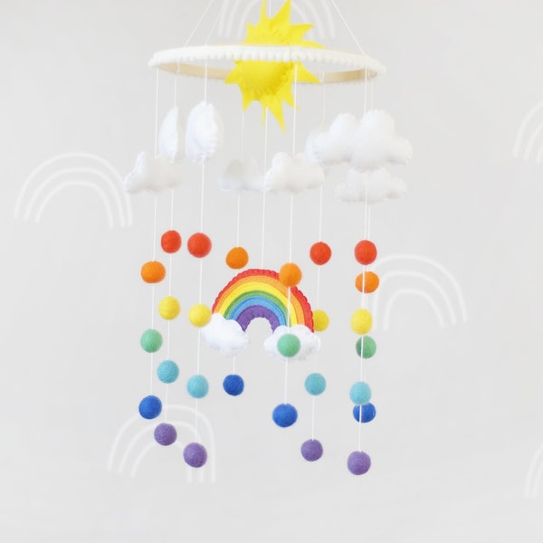 Baby rainbow mobile, Felt colorful mobile for crib, Nursery cloud mobile, Hanging cot mobile, Felt ball mobile, Sun mobile