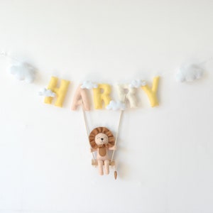 Lion banner, Felt wall hanging, Lion garland nursery name banner, Crib banner, Felt name garland, Baby name banner