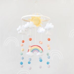Felt rainbow mobile for crib, Baby nursery mobile, Felt ball mobile, Cloud mobile, Colorful mobile, Pastel crib mobile