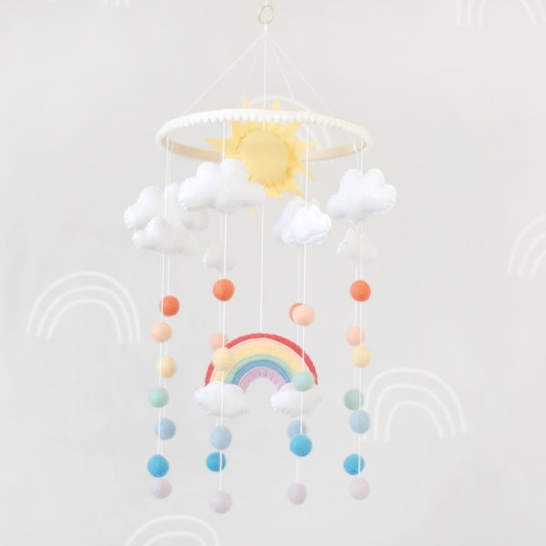 Felt rainbow mobile for crib, Baby nursery mobile, Felt ball mobile, Cloud mobile, Colorful mobile, Pastel crib mobile