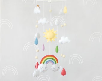 Baby rainbow mobile, Felt sun mobile, Cot colorful mobile, Nursery crib mobile, Bebe hanging mobile, Cloud mobile