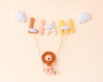 Personalized Felt Name Banner with Lion Swing, Nursery Wall Decor