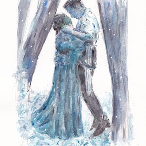 May include: Watercolor painting of a couple embracing in a forest setting. The figures are depicted in shades of blue and gray, with the woman wearing a long dress. The artwork is signed "Rebecca Freeman".