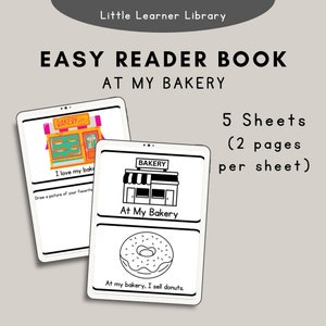 Op de afbeelding: Een printbaar boek voor jonge leerlingen over een bakkerij. Het boek heeft twee pagina's per vel en bevat zwart-wit illustraties van een bakkerij en een donut. De tekst op de pagina's luidt "Ik hou van mijn bakkerij", "In mijn bakkerij" en "In mijn bakkerij verkoop ik donuts."