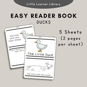 Op de afbeelding: Een zwart-wit printbaar boek voor jonge kinderen over een eend. Het boek heeft vijf vellen met twee pagina's per vel. De tekst op de eerste pagina luidt "The little duck saw many things!" en de tekst op de tweede pagina luidt "The Little Duck" en "The little duck saw water."