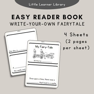 May include: A black and white printable book for children to write their own fairy tale. The book has 4 sheets with 2 pages per sheet. The cover has a picture of a carriage pulled by horses. The text on the cover says "My Fairy-Tale".