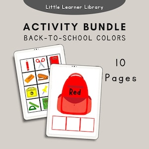May include: A digital activity bundle for back-to-school featuring 10 pages of color recognition activities. The image shows a red backpack with the word "Red" on it and a page with a grid of school supplies.
