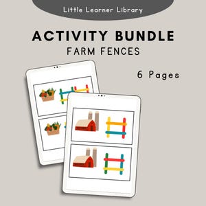 May include: Two printable worksheets for a farm-themed activity. The worksheets feature a red barn, a basket of fruit, and a colorful fence. The text "6 Pages" is visible at the top of the image.