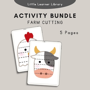 May include: A printable activity bundle for kids featuring 5 pages of farm animal cutting practice. The images show a chicken and a cow with dashed lines for cutting.