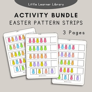 May include: Three digital tablets displaying Easter-themed pattern strips. Each strip features colorful cartoon bunny graphics in rows. The text "ACTIVITY BUNDLE EASTER PATTERN STRIPS" and "3 Pages" are visible at the top.