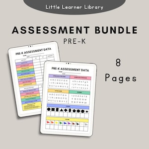 May include: Two digital tablets displaying "PRE-K ASSESSMENT DATA" with colorful charts and text. The tablets are white with black borders. The text "ASSESSMENT BUNDLE PRE-K" and "8 Pages" are also visible.
