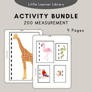 May include: Little Learner Library Activity Bundle Zoo Measurement 4 Pages. Two digital tablets display educational worksheets featuring illustrations of a giraffe, flamingo, snake, parrot, and lizard alongside dashed vertical lines.