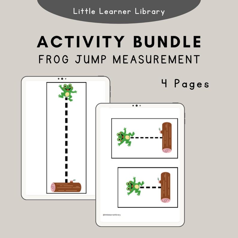 K&ouml;nnte beinhalten: Zwei digitale Tablets, die ein Kinder-Aktivit&auml;tspaket anzeigen. Der Text lautet "Little Learner Library" und "Activity Bundle Frog Jump Measurement 4 Pages". Die Aktivit&auml;t zeigt einen gr&uuml;nen Frosch, der &uuml;ber einen Baumstamm springt, mit gestrichelten Linien zur Messung.