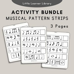 May include: Three digital tablets displaying musical pattern strips. The screens show musical notes, clef symbols, and other musical notations. The text on the screens reads "ACTIVITY BUNDLE MUSICAL PATTERN STRIPS 3 Pages."