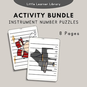 May include: An activity bundle titled "Little Learner Library" with instrument number puzzles. The image shows two tablets with illustrations of a drum set and a piano. The text on the image says "8 Pages".