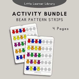 May include: Two digital tablets displaying a children's activity bundle. The screens show colorful bear pattern strips with red, yellow, green, purple, orange, and blue bears. The text reads "ACTIVITY BUNDLE BEAR PATTERN STRIPS" and "4 Pages".